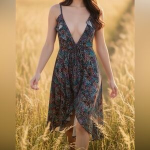 Bar III Asymmetrical Floral Dress - Black and Blue